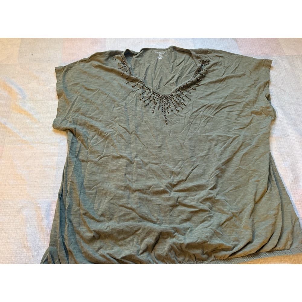 Sonoma Lifestyle Women's 2X Olive Green Beaded V-Neck 100% Cotton Top—1